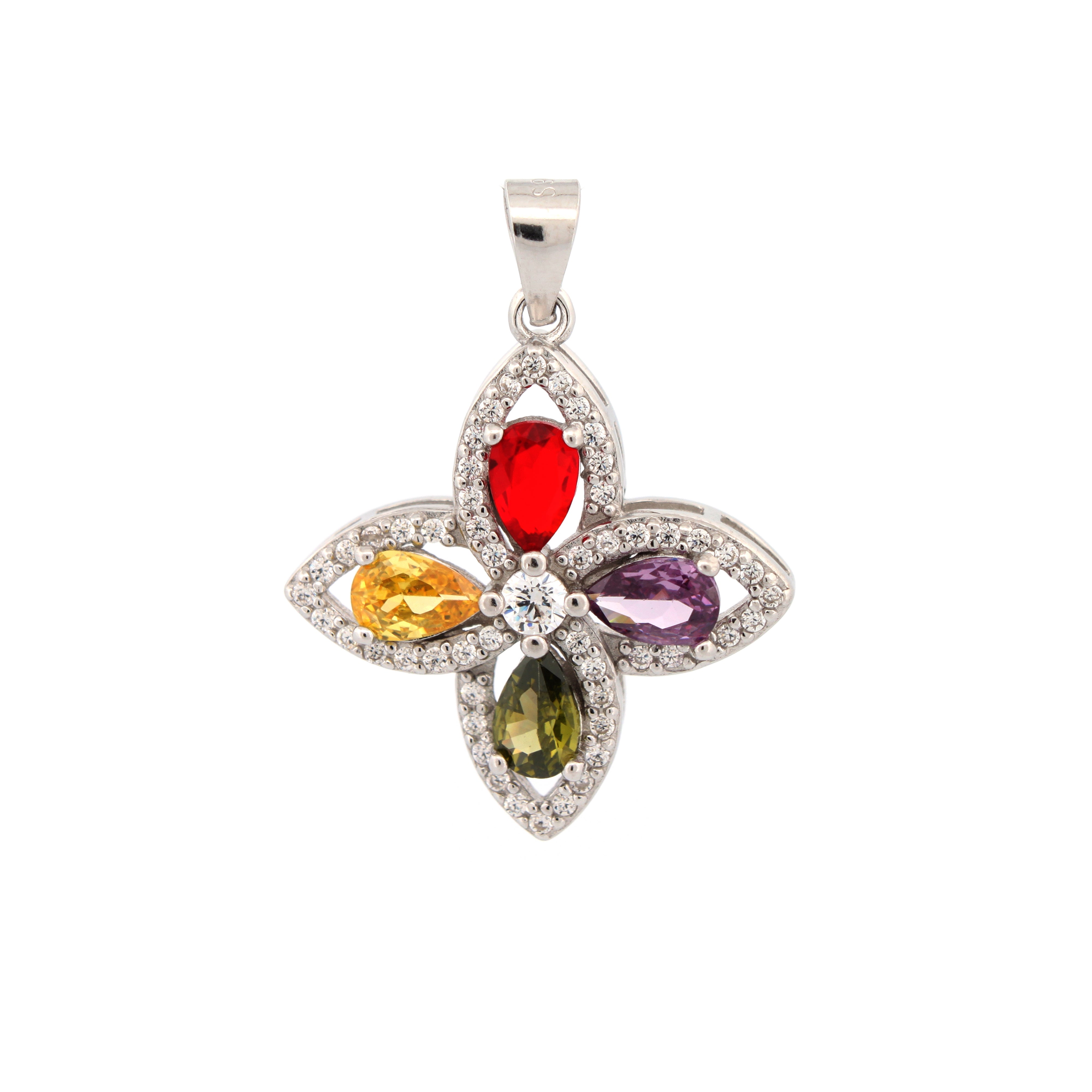 925 Silver Multi Col Cubic Zirconia Flower Pendant