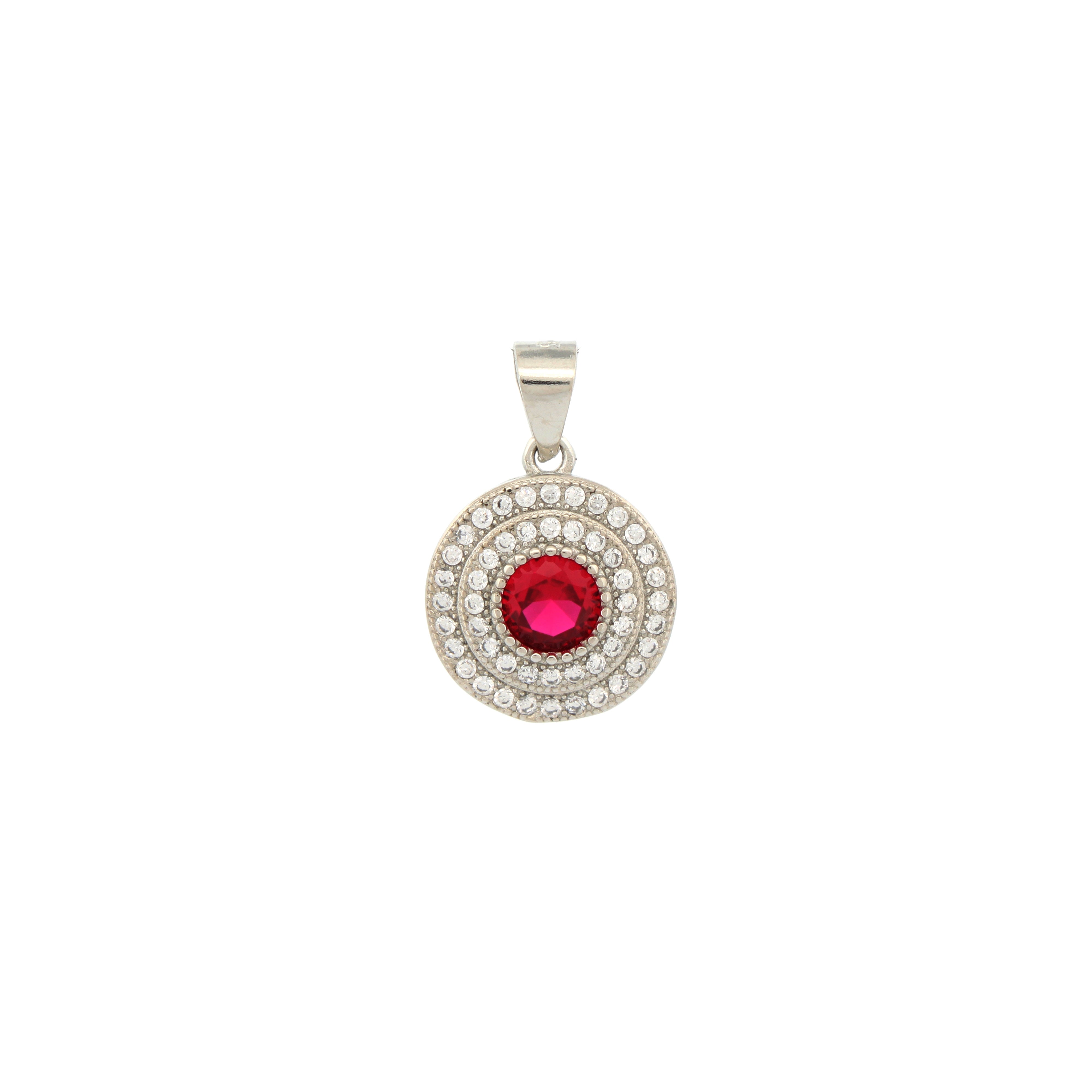 925 Silver Rhodium Halo Pendant Ruby Centre Cubic Zirconia