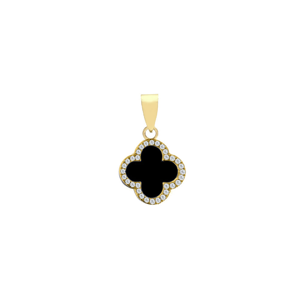 APD233-GP | 925 Silver 14ct gold Plated CZ Set  Single Clover Pendant   Black Onyx Colour