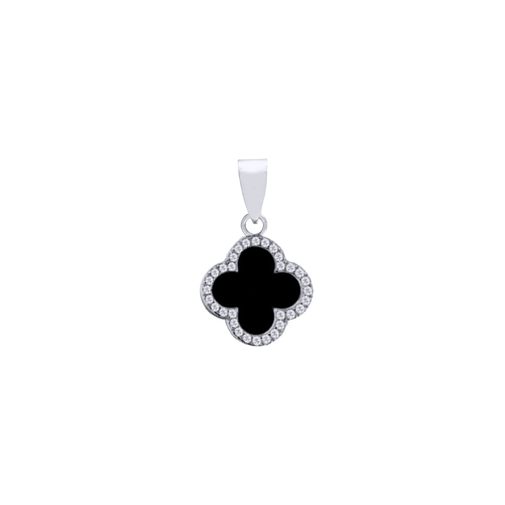 925 Silver Rhodium Cubic Zirconia Set Single Clover Pendant Black Onyx Colour