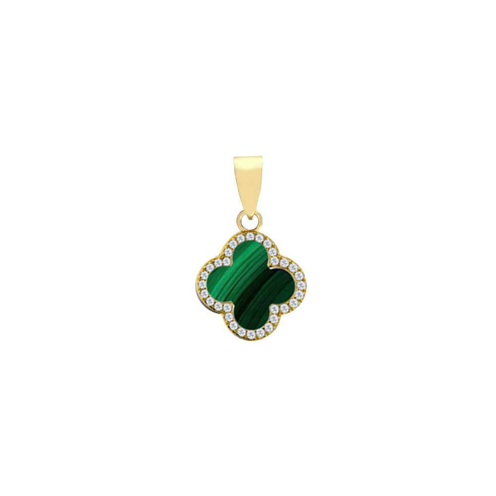 APD236-GP | 925 Silver 14ct gold Plated CZ Set Single Clover Pendant   Malachite Green