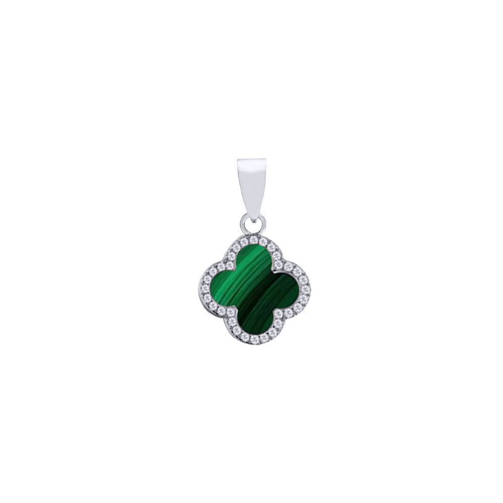 APD236 | 925 Silver Rhodium CZ Set Single Clover Pendant  Malachite Green Colour