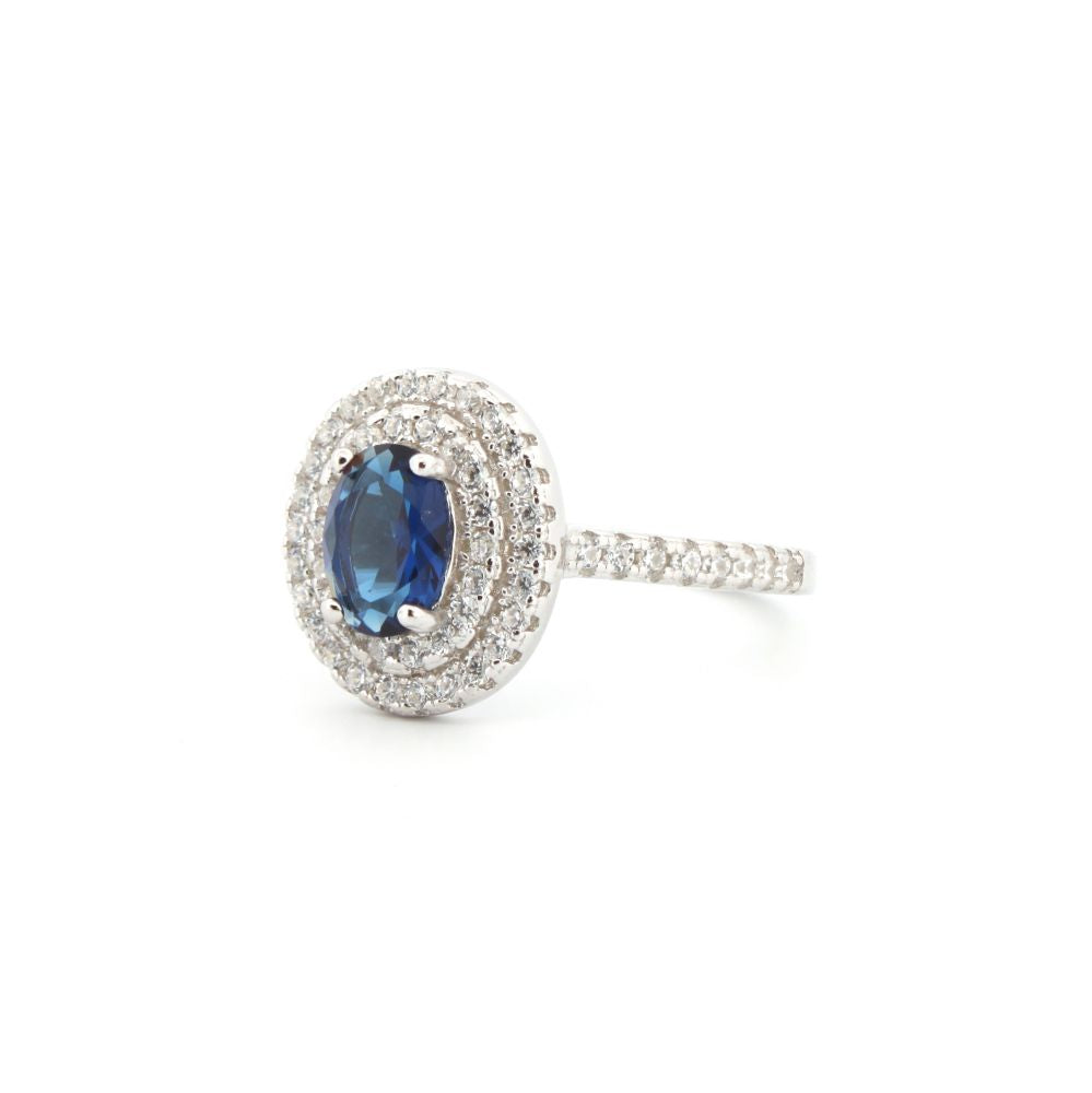 ARN187B | 925 Silver Rhodium CZ Set Oval Cluster Sapphire Blue Centre