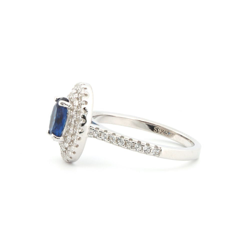 ARN187B | 925 Silver Rhodium CZ Set Oval Cluster Sapphire Blue Centre