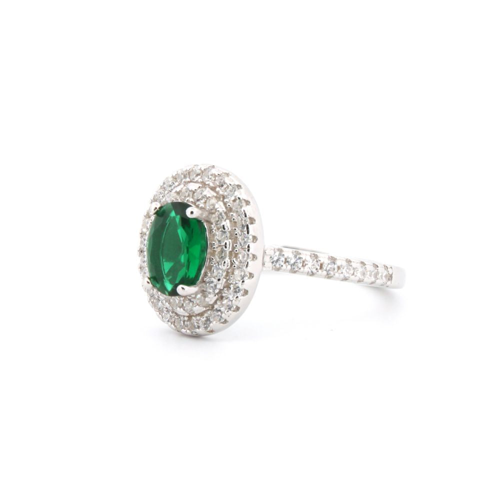 ARN187G | 925 Silver Rhodium CZ Set Oval Cluster Emerald Green Centre