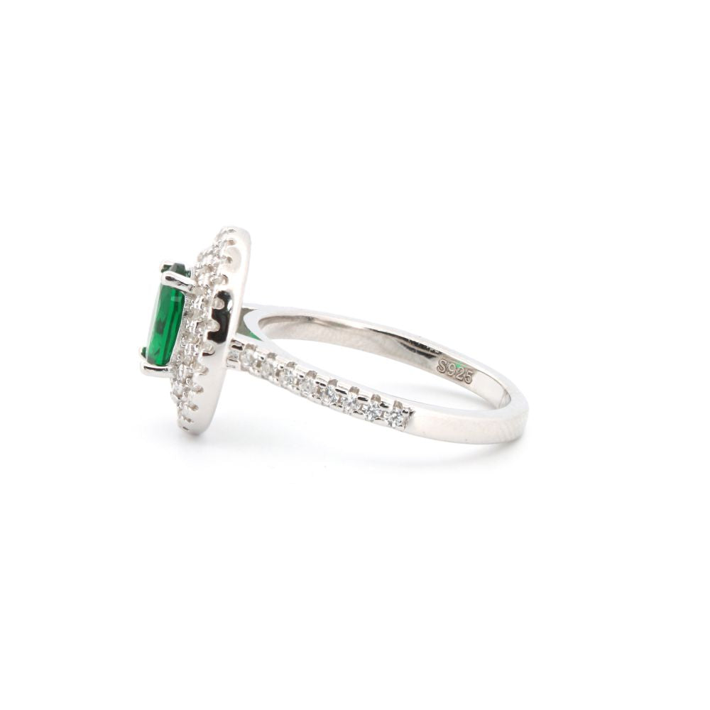 ARN187G | 925 Silver Rhodium CZ Set Oval Cluster Emerald Green Centre