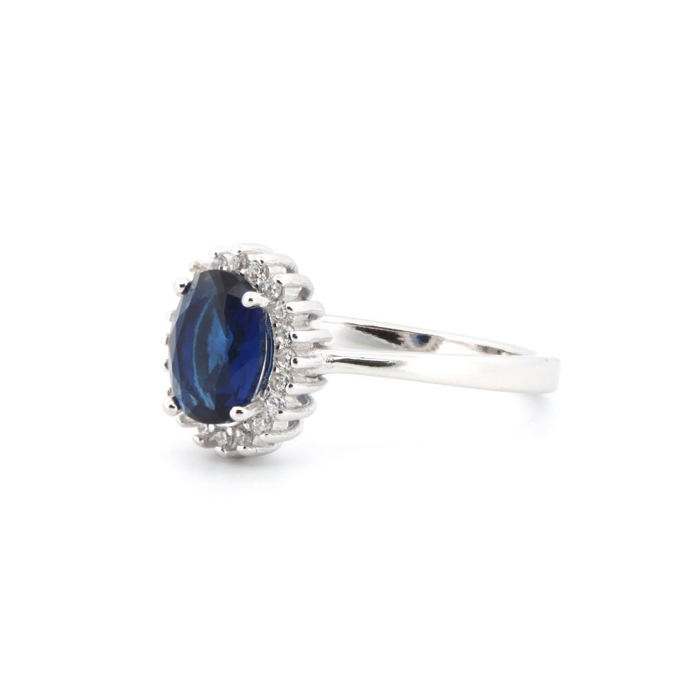 ARN189B | 925 Silver Rhodium CZ Set Oval Cluster Sapphire Blue Centre