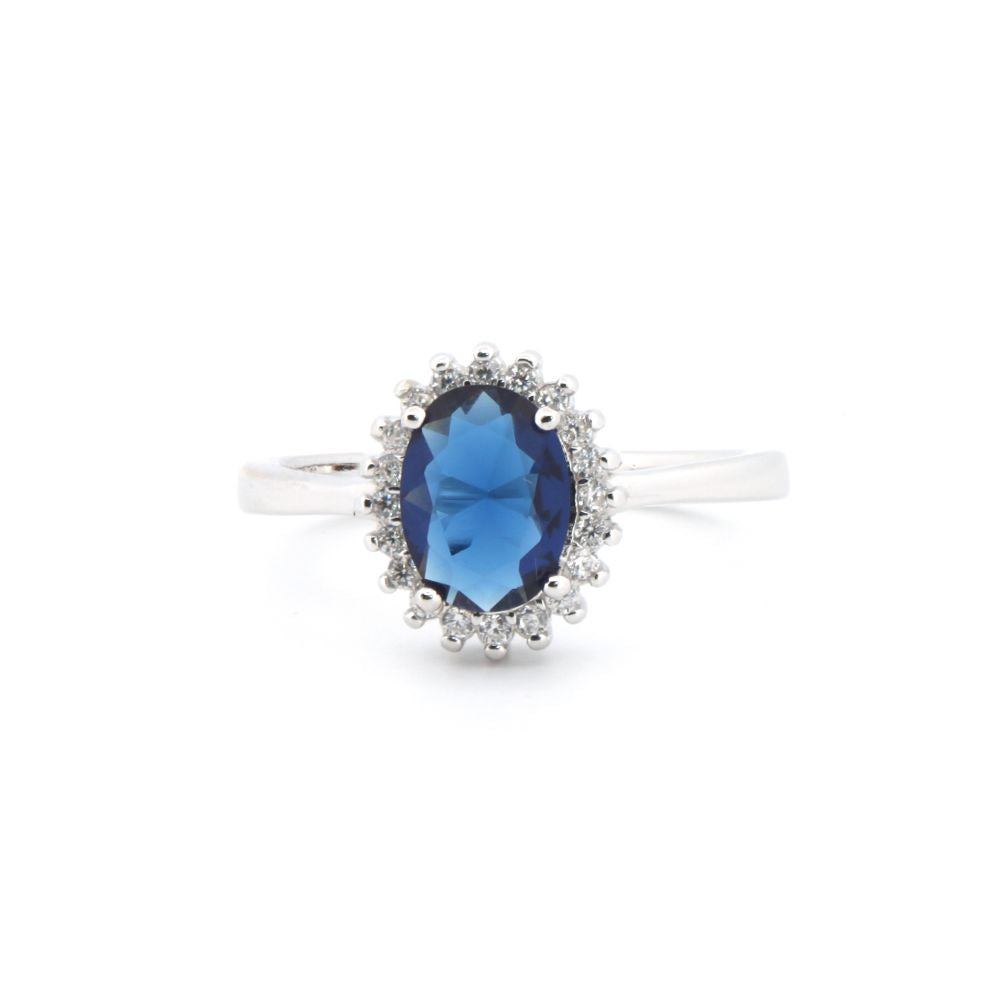 ARN189B | 925 Silver Rhodium CZ Set Oval Cluster Sapphire Blue Centre