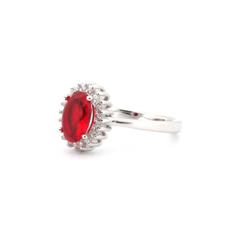 ARN189R | 925 Silver Rhodium CZ Set Oval Cluster Ruby Red Centre