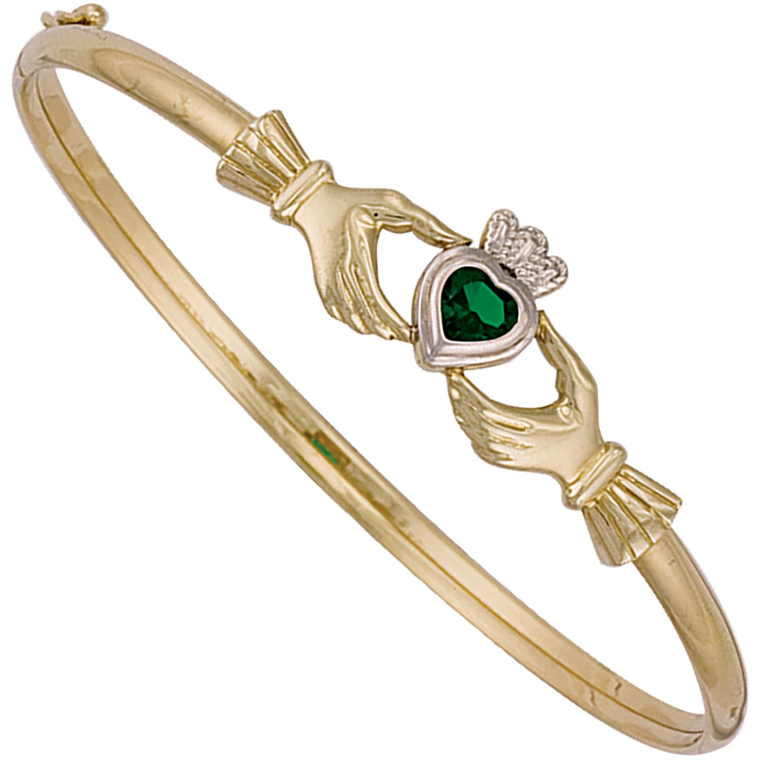 Yellow Gold Green Stone Set Claddagh Bangle - 9ct Gold