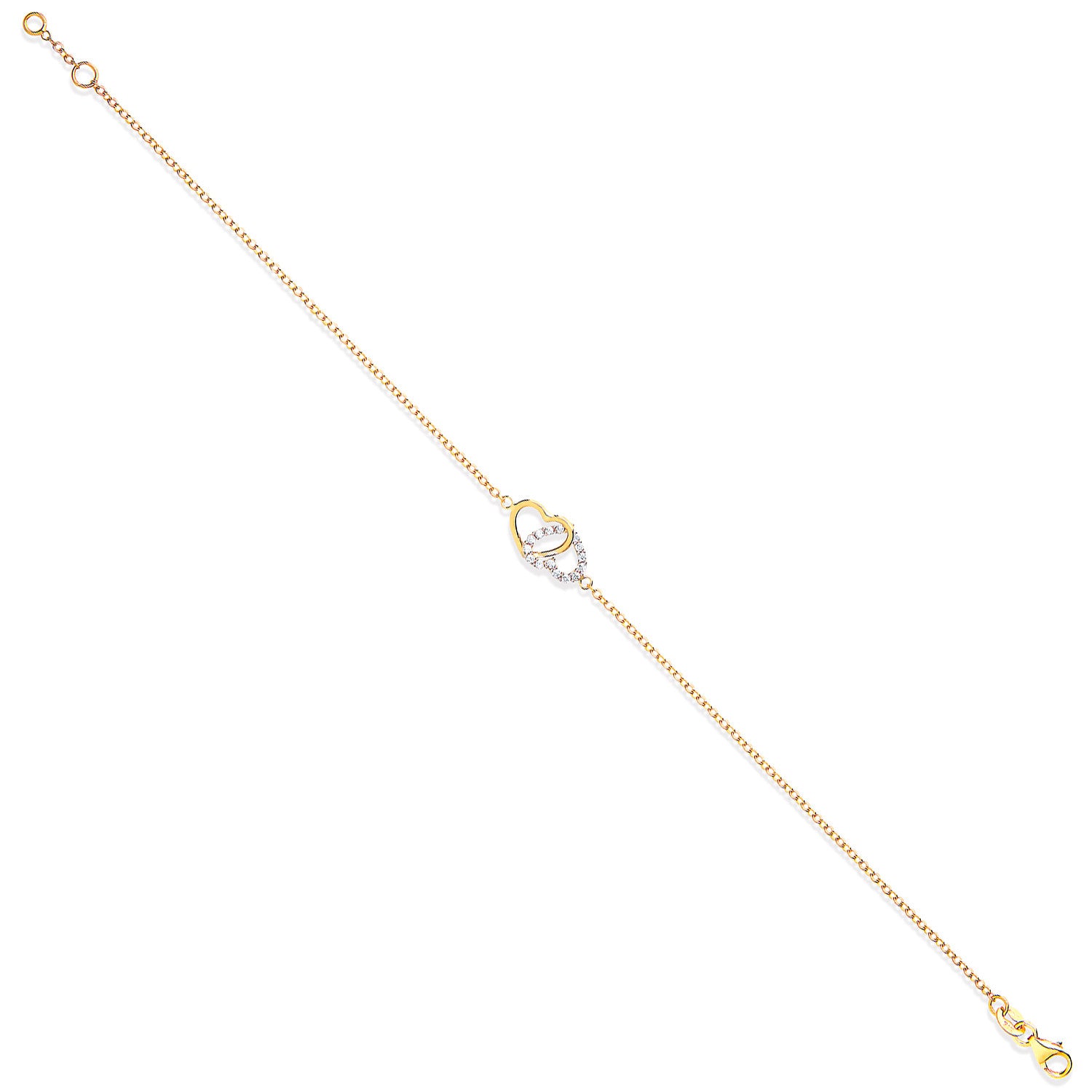Yellow Gold Plain & Cubic Zirconia Hearts Ladies Bracelet - 9ct Gold