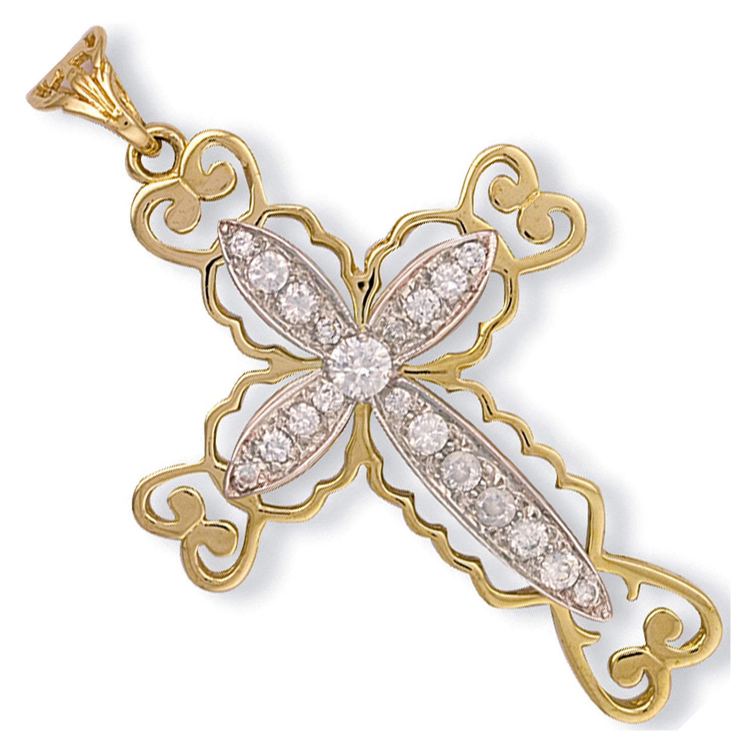 Yellow Gold Fancy Pave Set Cubic Zirconia Cross - 9ct Gold