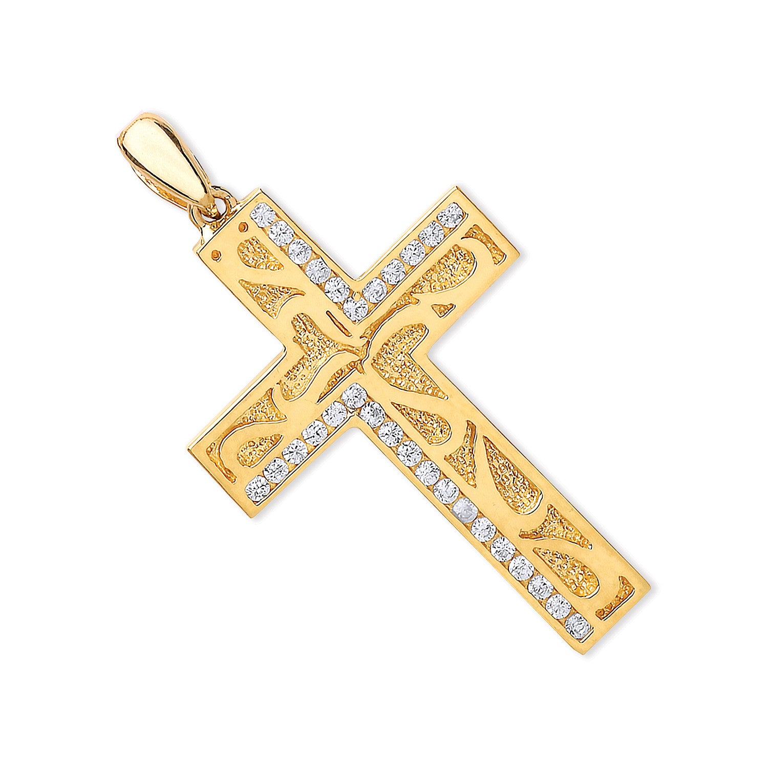 Yellow Gold Cubic Zirconia Cross with Design - 9ct Gold