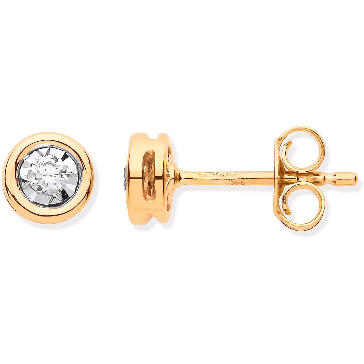 9ct Yellow Gold Rub-Over Illusion Set 0.10ctw Diamond Studs - 9ct Gold
