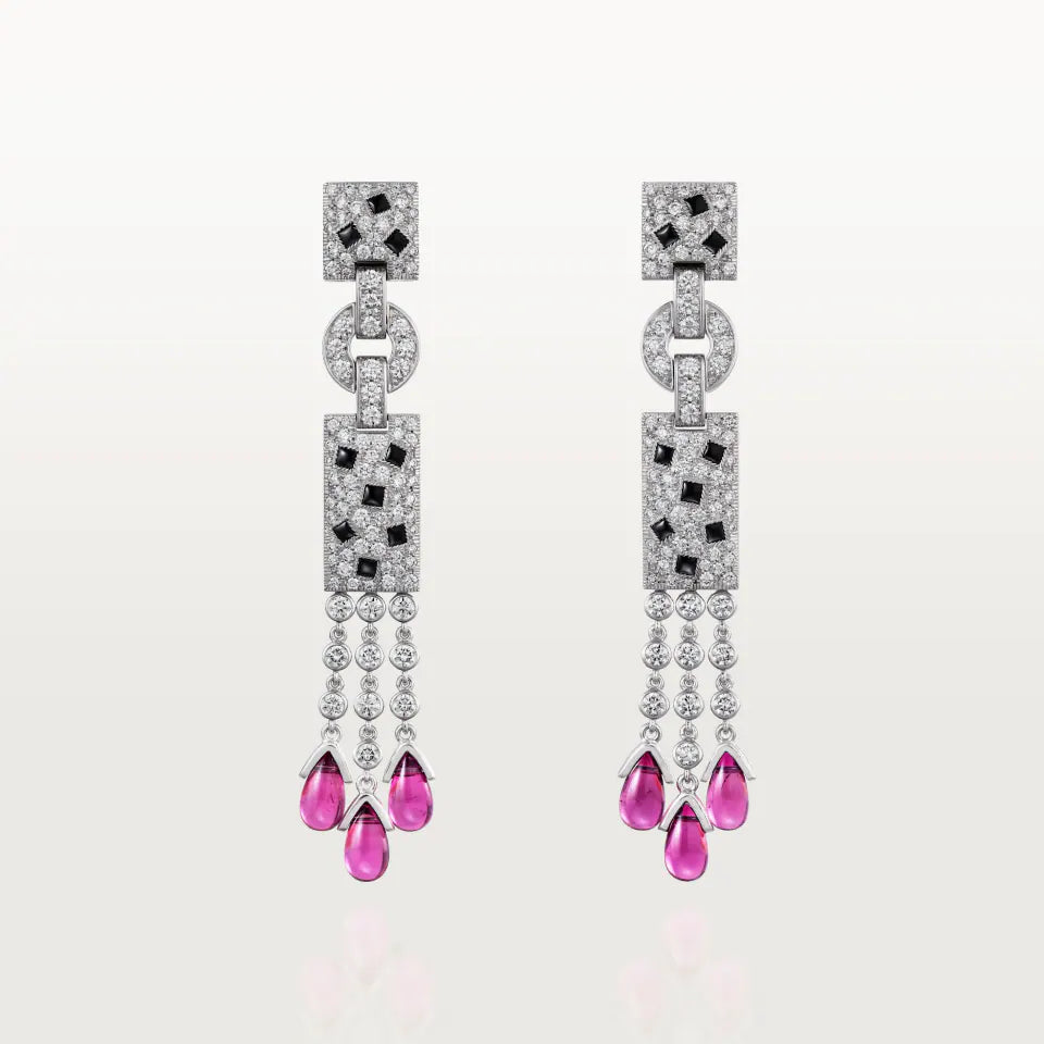 Cartier Panthère de Cartier Earrings Rubellite Paved Onyx Emeralds Diamonds 18K White Gold