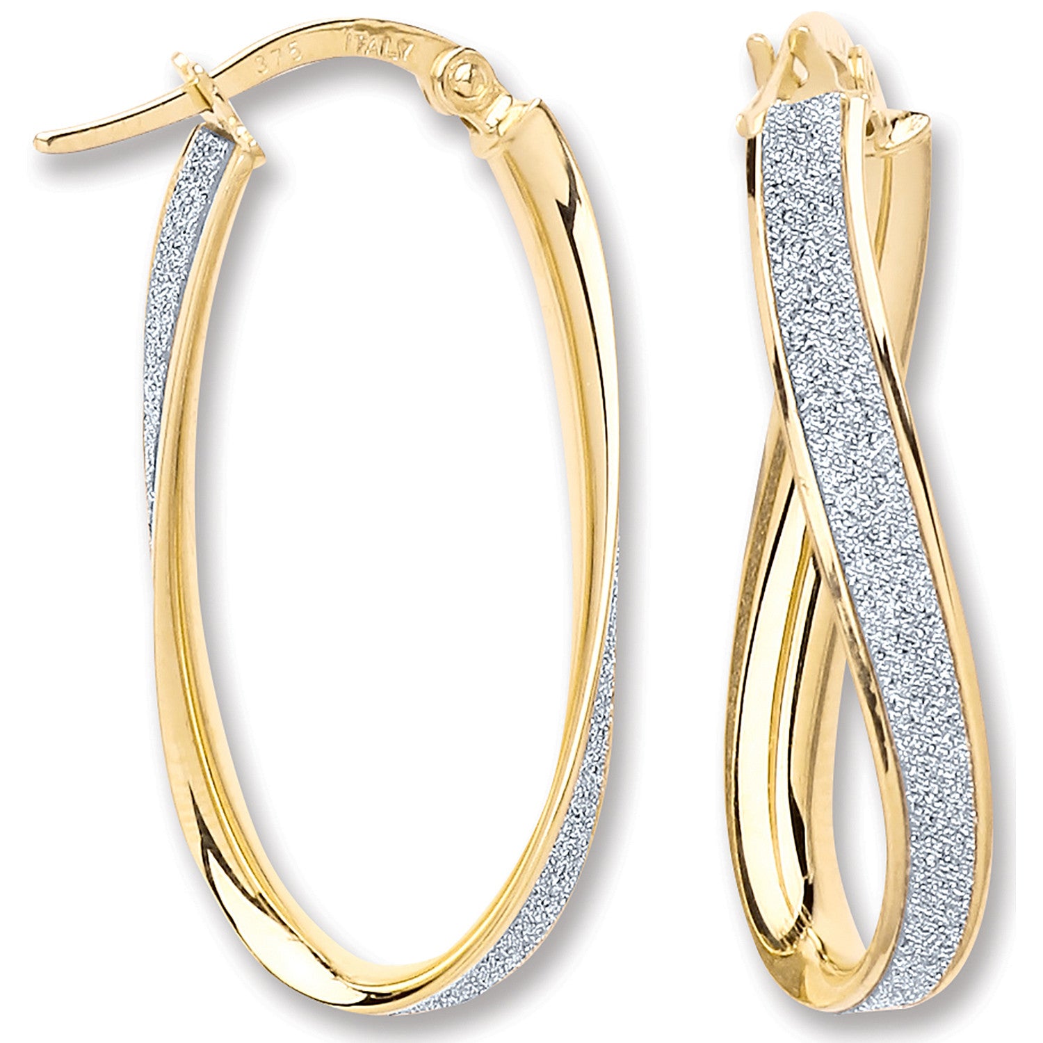 Yellow Gold Glitter Oval Twist Hoop Earrings - 9ct Gold