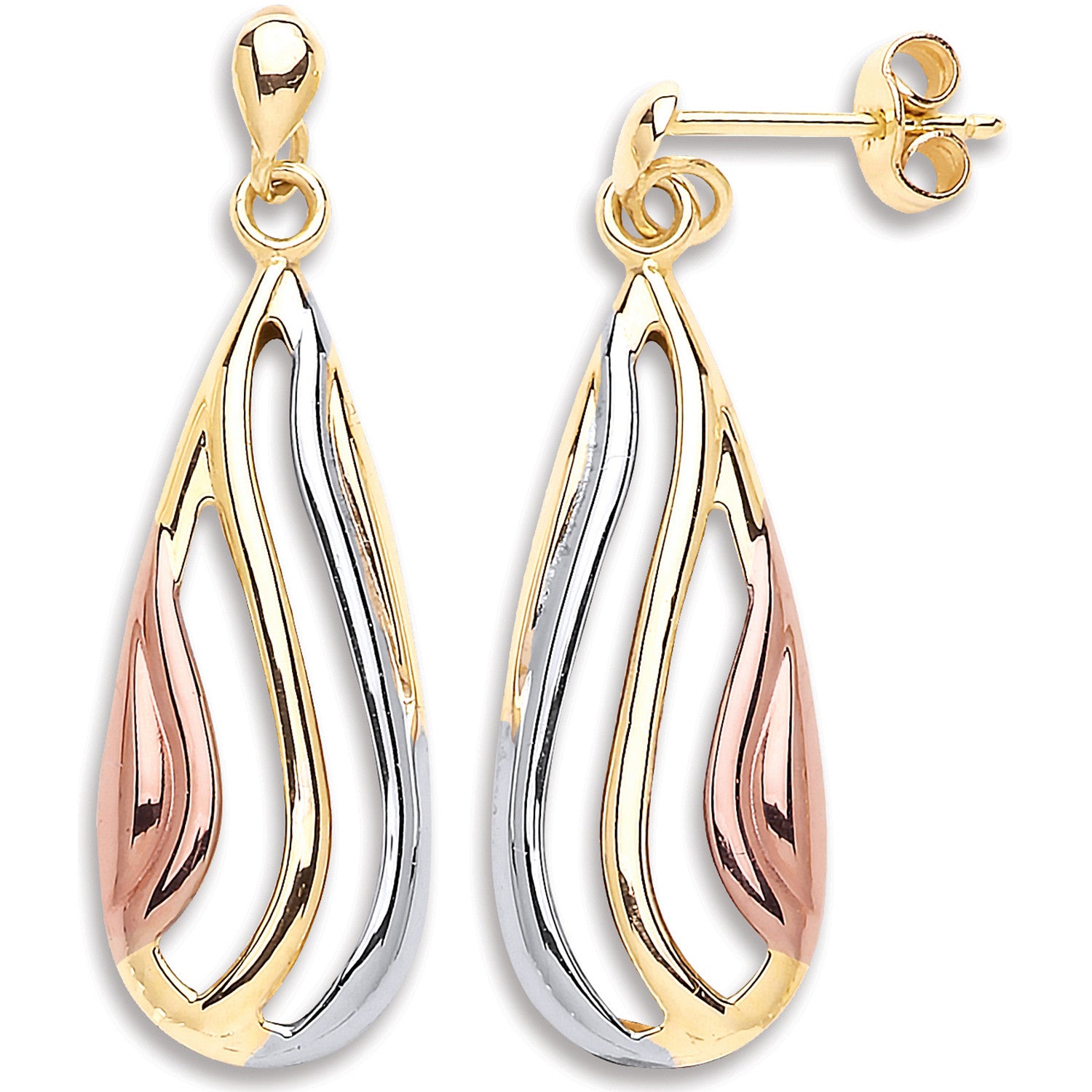 Yellow White & Rose Gold Teardrop Earrings - 9ct Gold