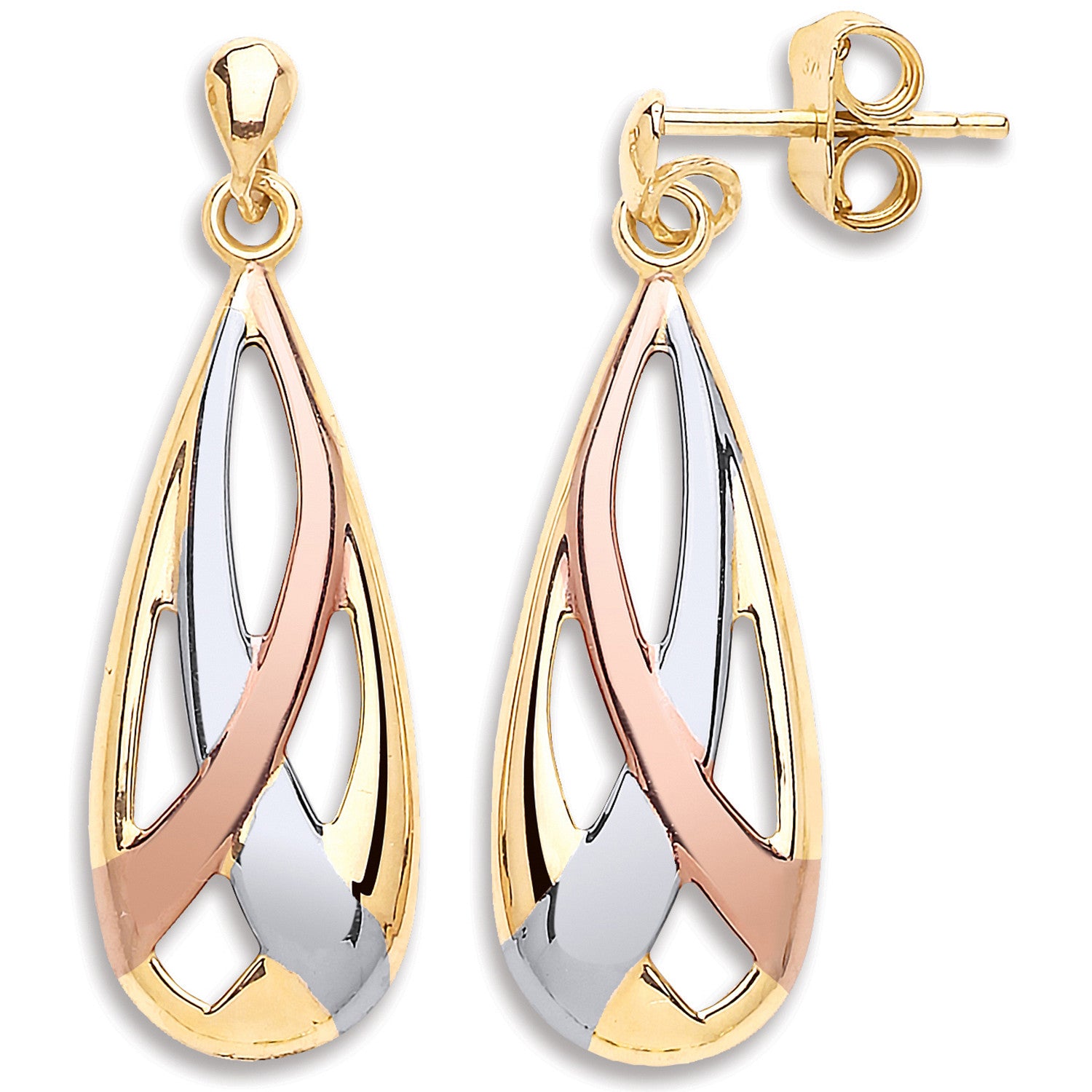 Yellow White & Rose Gold Teardrop Earrings - 9ct Gold