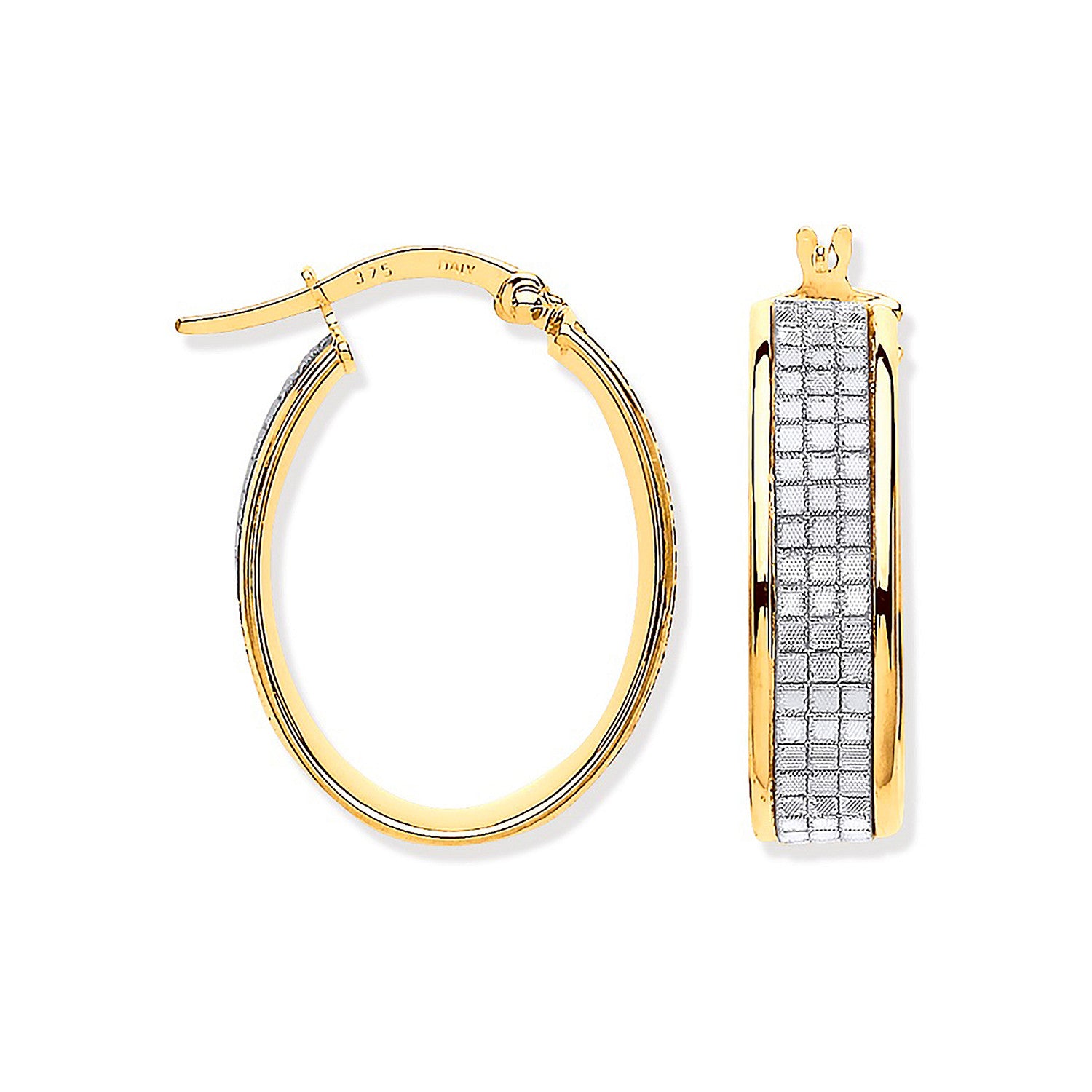 Yellow Gold Glitter p/c Illusion Oval Hoop Earrings - 9ct Gold