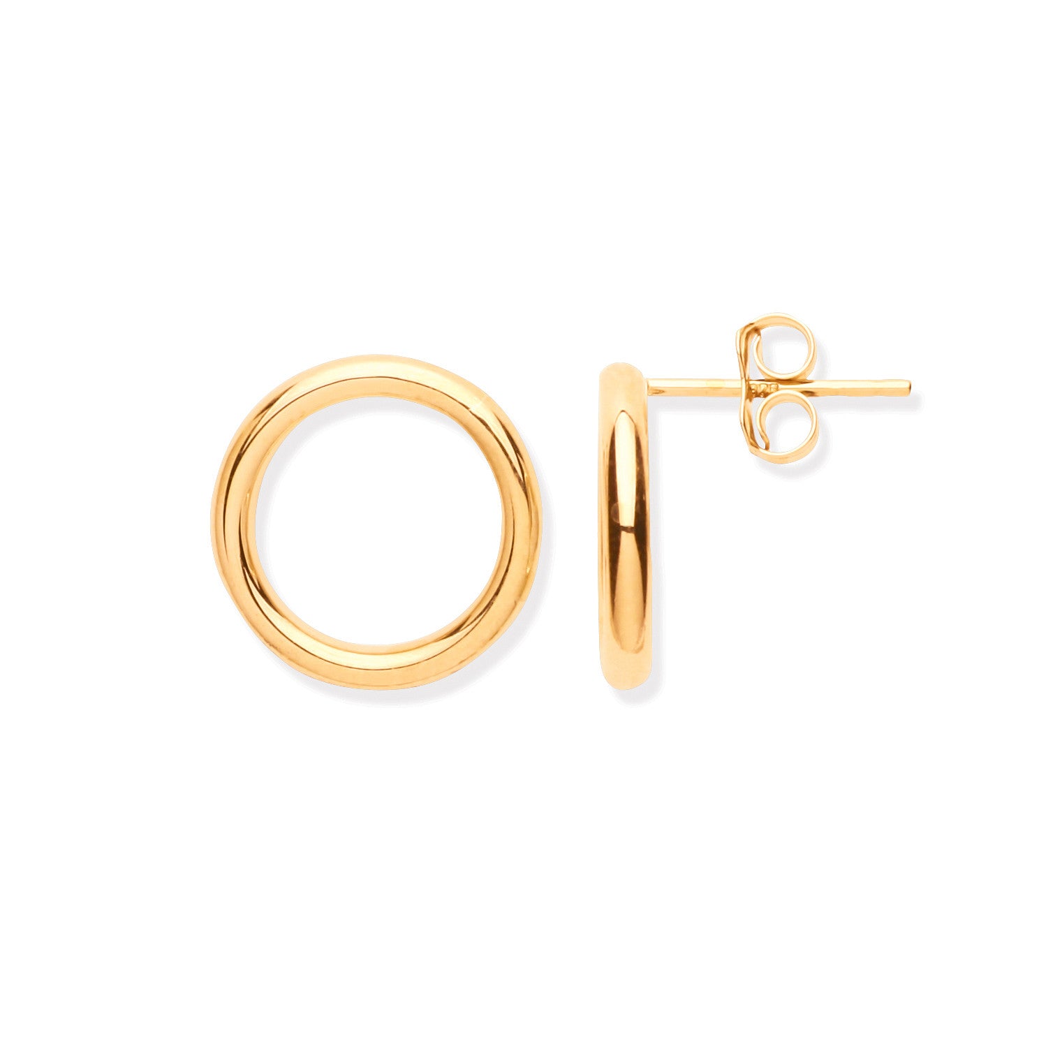 Yellow Gold 14mm Open Circle Tube Stud Earrings - 9ct Gold