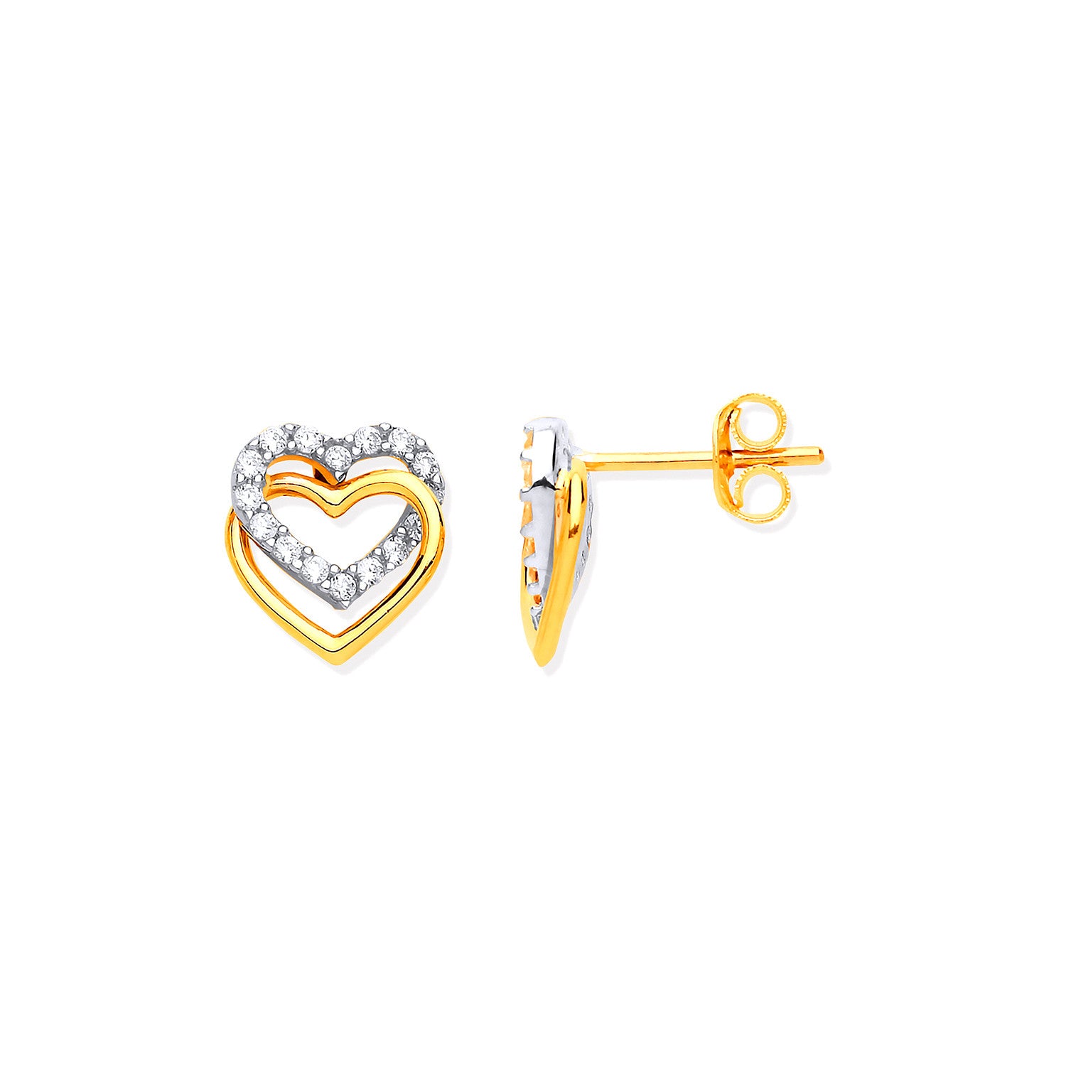 Yellow Gold Double Hearts, Plain & Cubic Zirconia's Stud Earrings - 9ct Gold