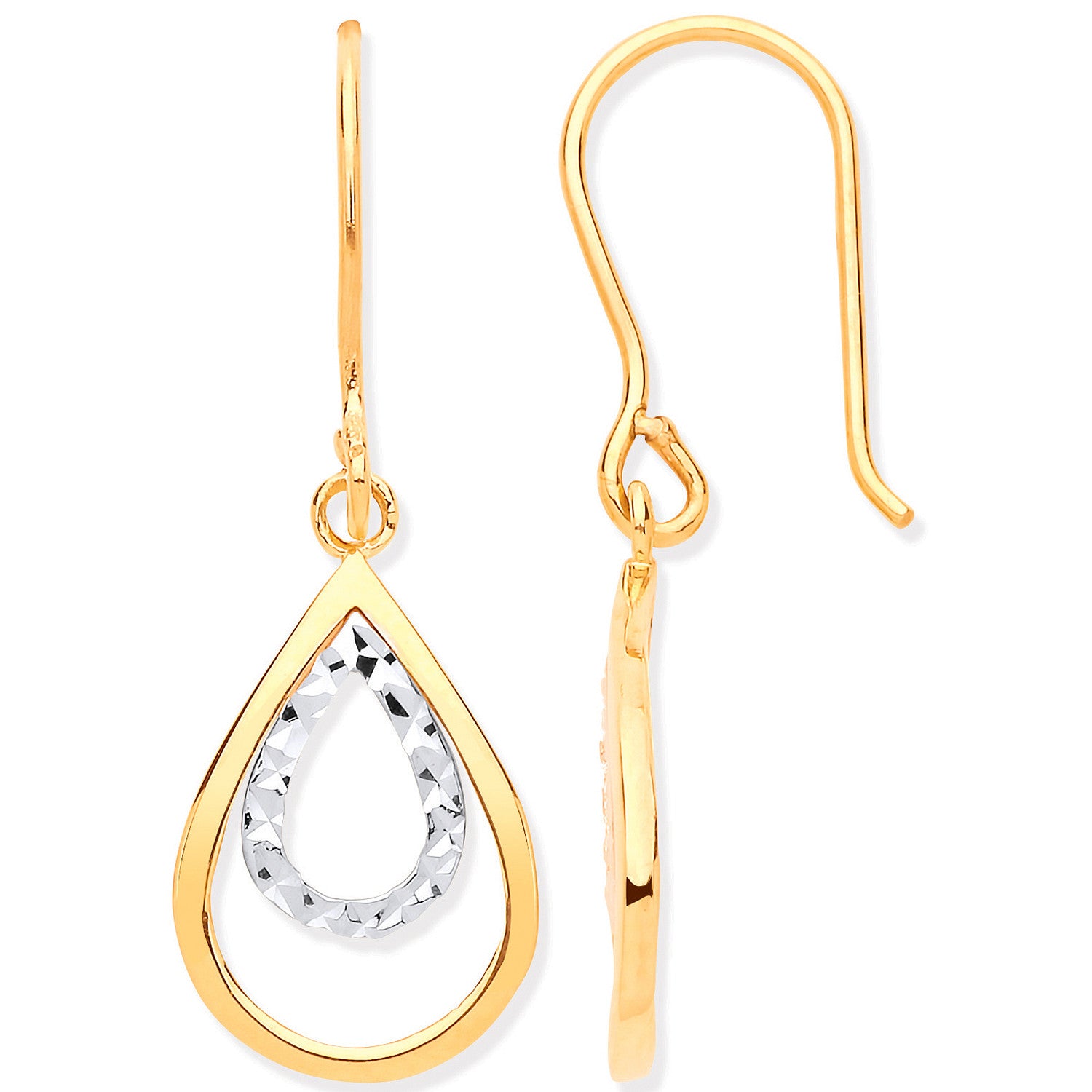 Yellow & White Gold Teardrop Shaped Hook Earrings - 9ct Gold