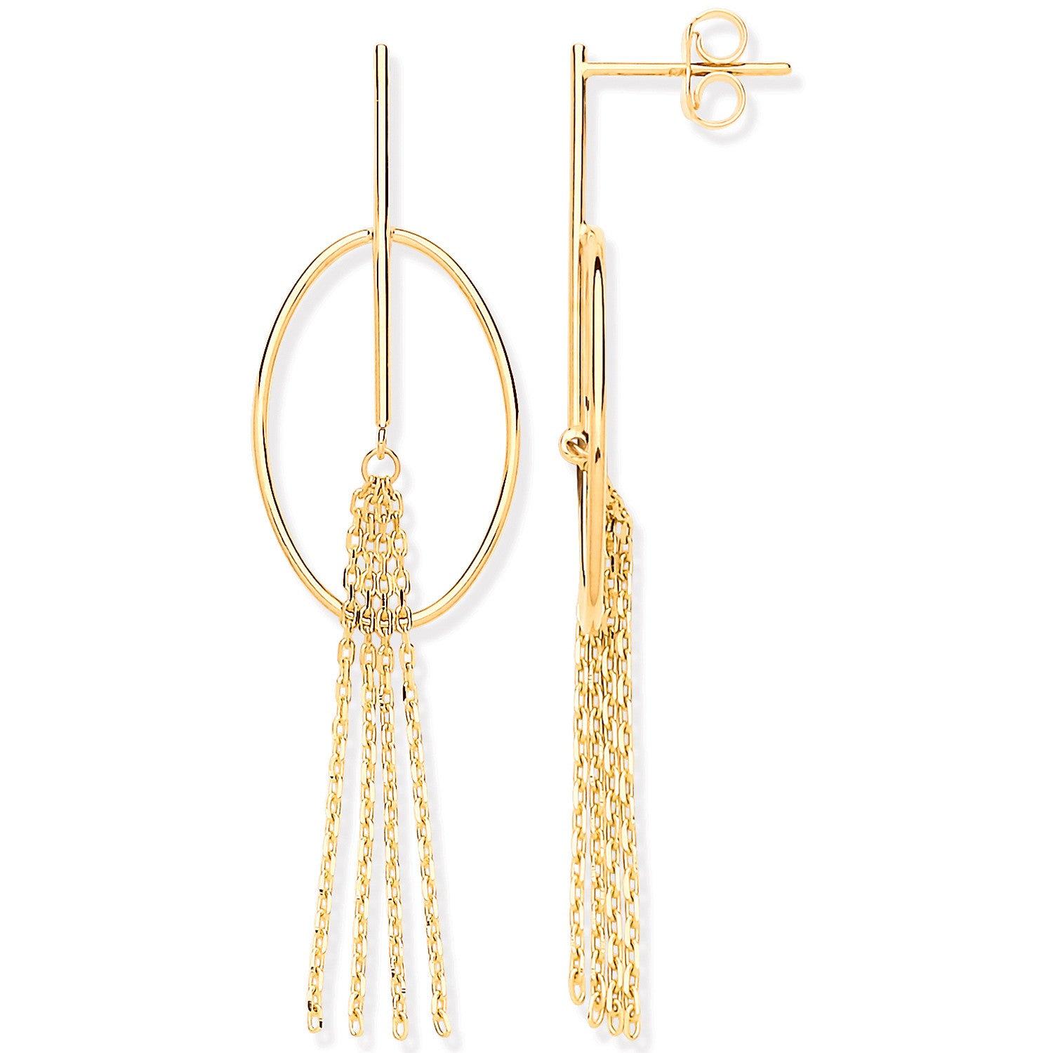 Yellow Gold Oval Tube Tassel Drop Earrings - 9ct Gold