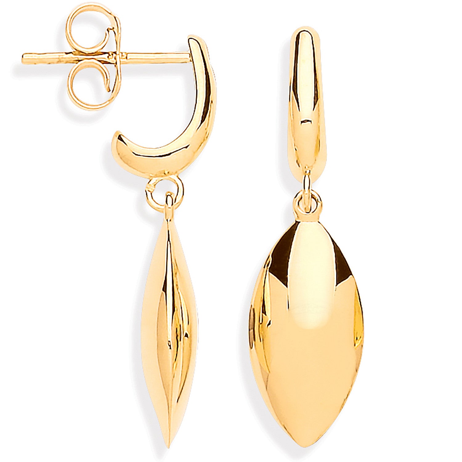 Yellow Gold Hollow Marquise Shape Drop Earrings - 9ct Gold