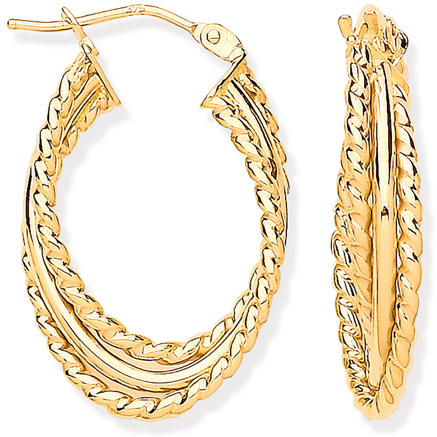 Yellow Gold Triple Layer Ribbed & Plain Oval Hoop Earrings - 9ct Gold