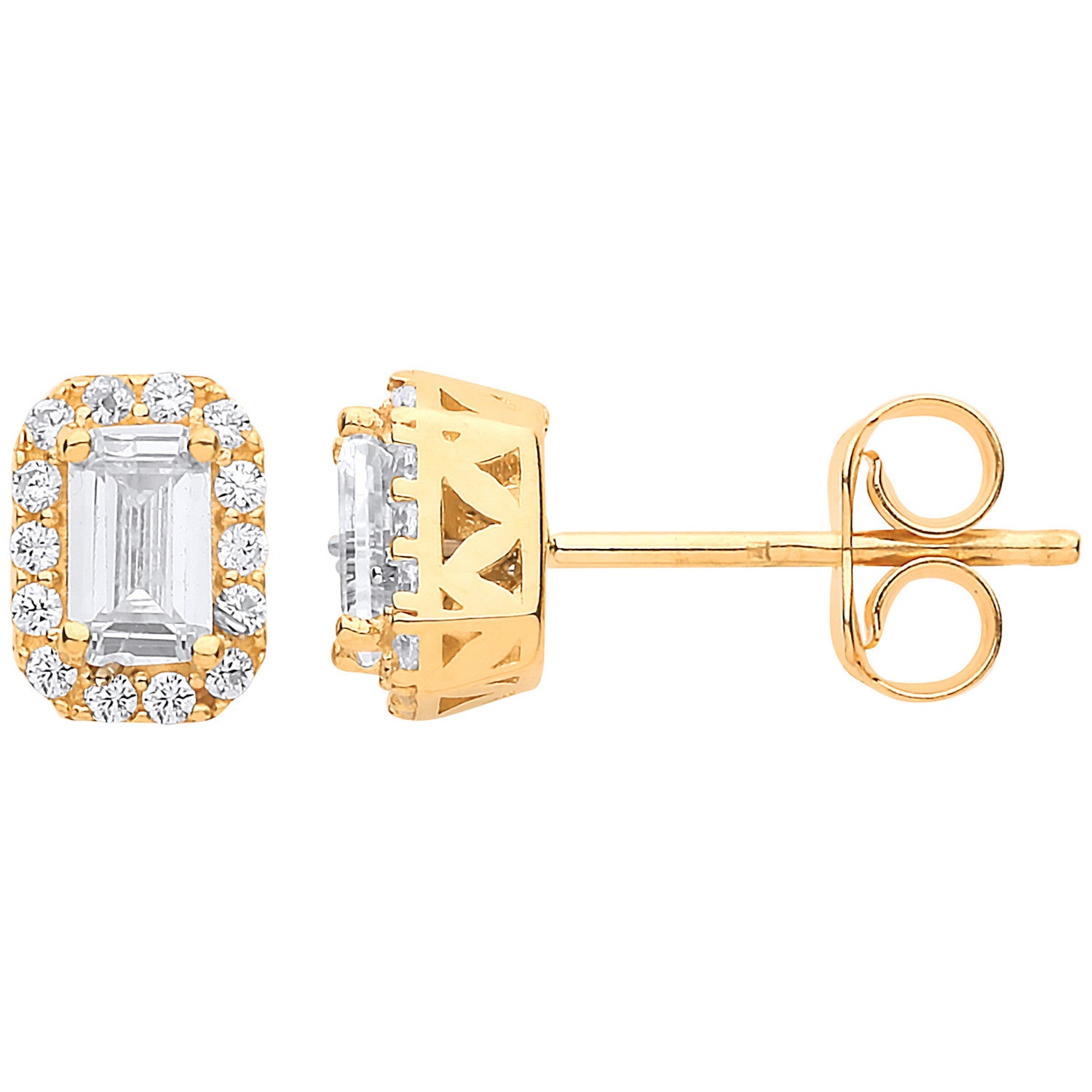Yellow Gold Baguette Halo Stud Earrings - 9ct Gold