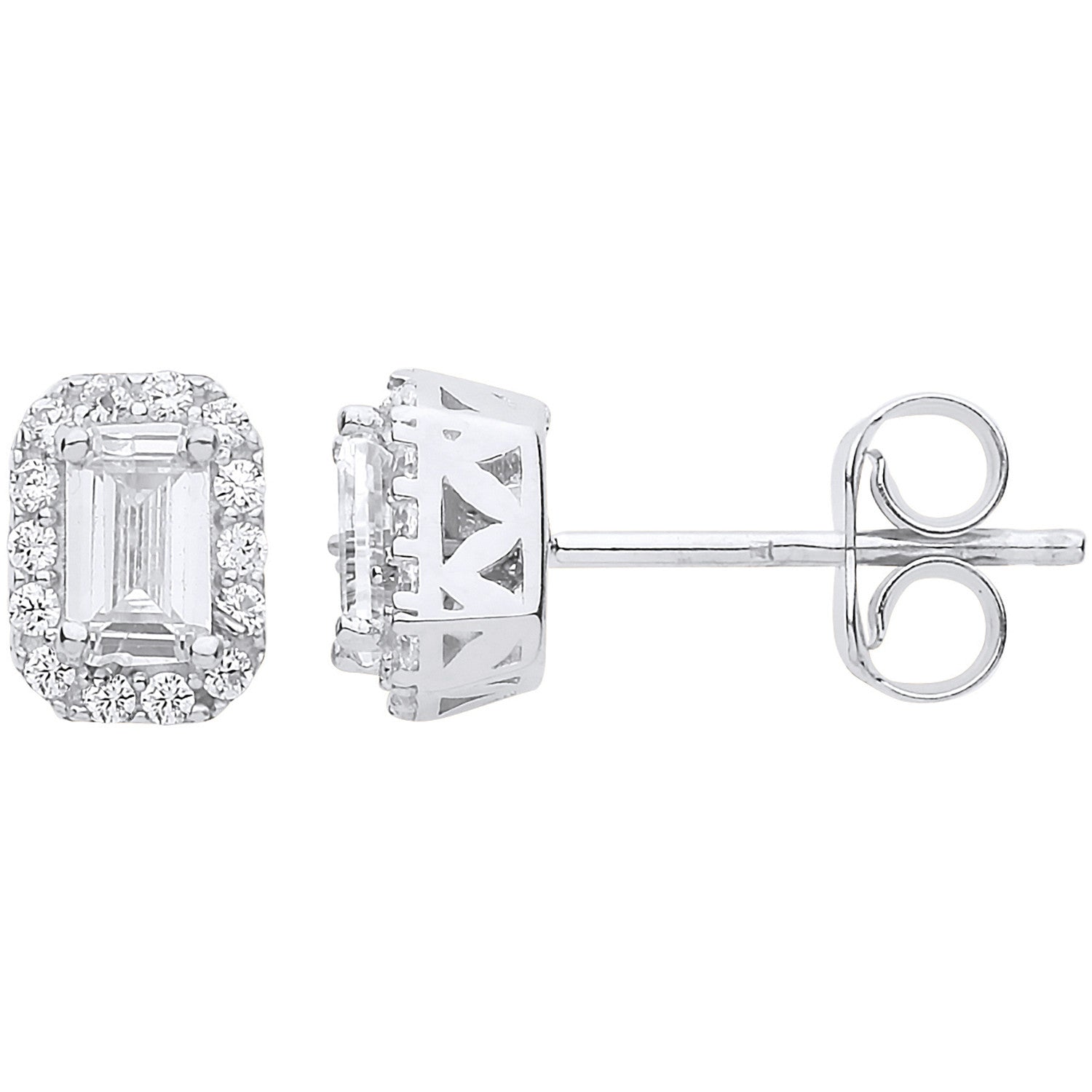 White Gold Baguette Halo Stud Earrings - 9ct Gold