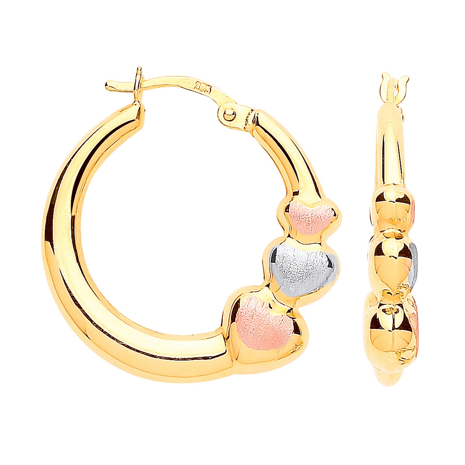 Yellow Gold with R&White Gold Satin Finish Large Hearts Hoop Earrings - 9ct Gold