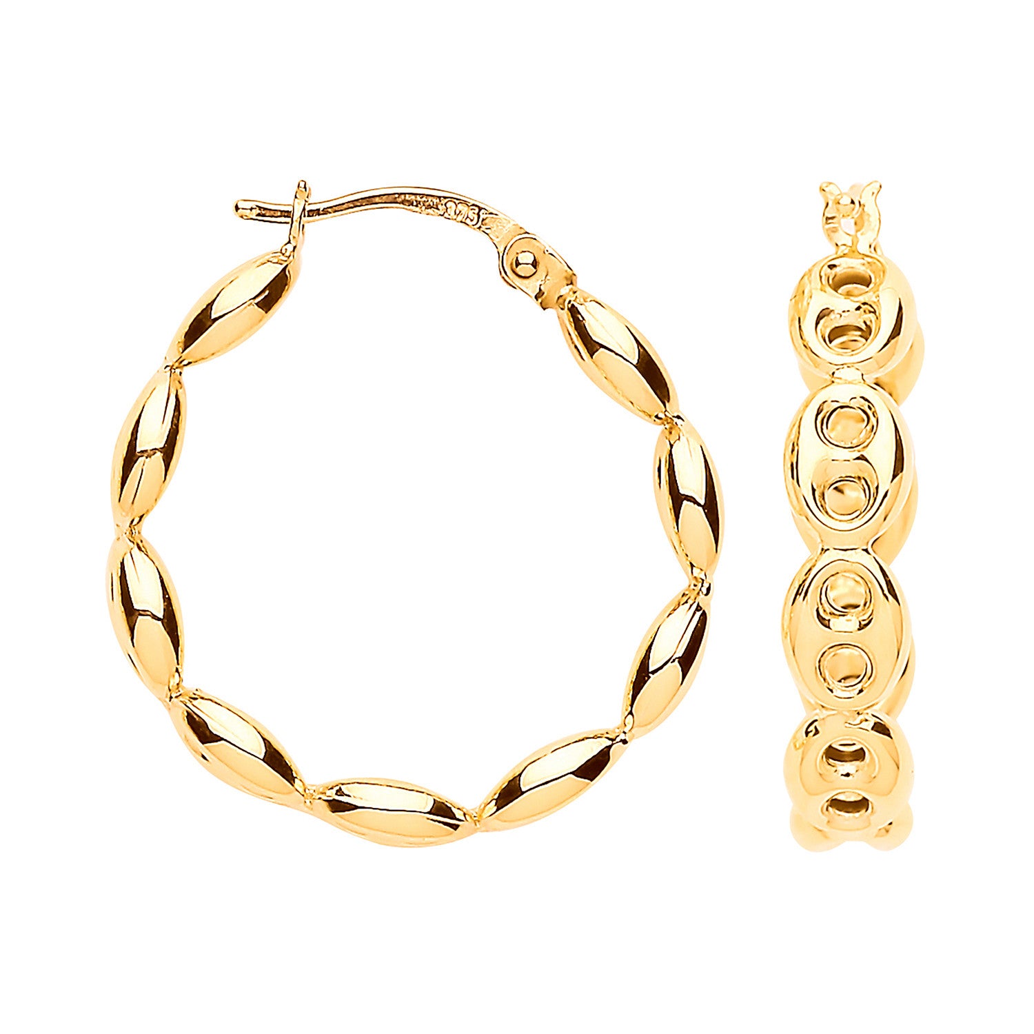 Yellow Gold Coffee Bean 20mm Hoop Earrings - 9ct Gold