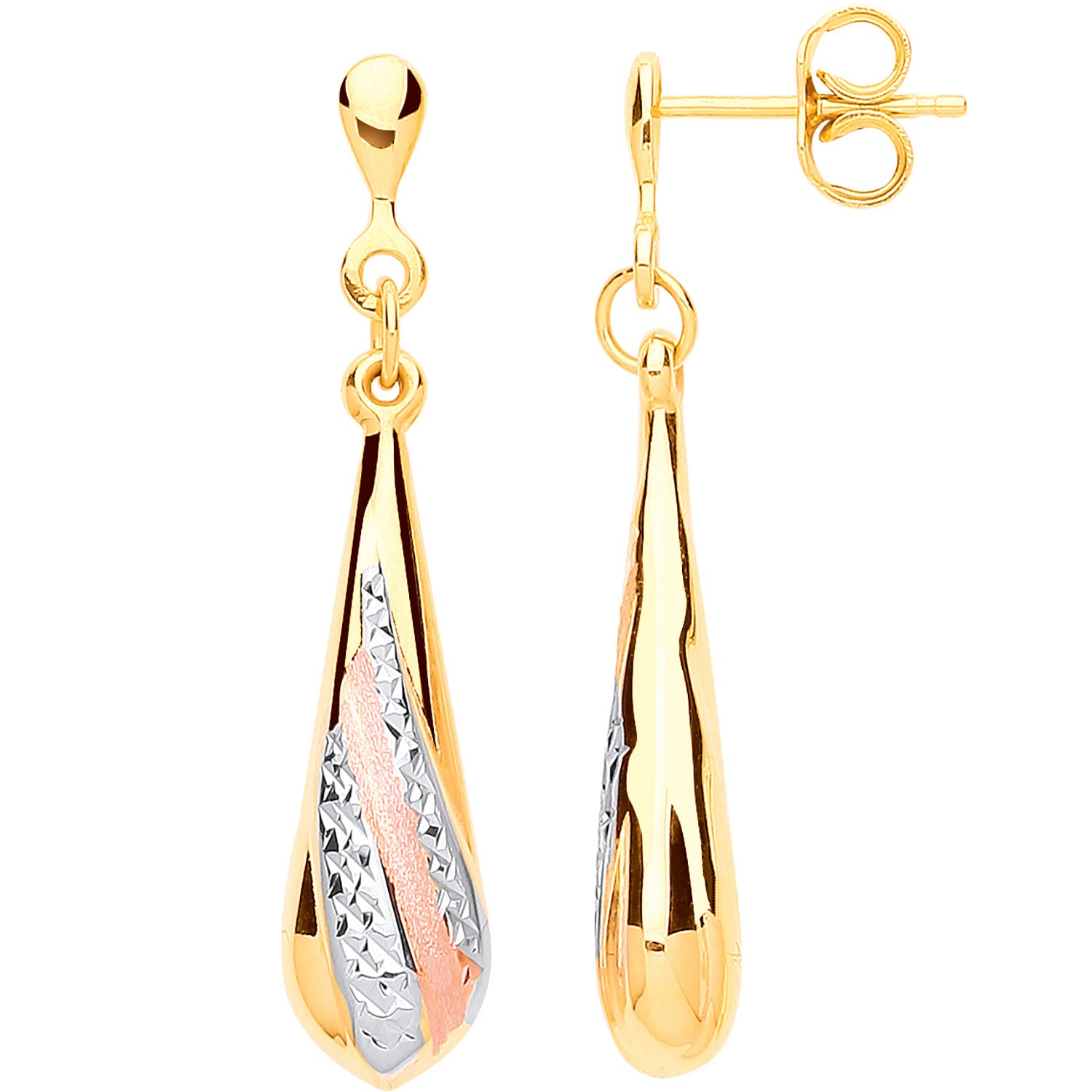 Yellow Gold, Rose Gold Satin Finish, White Gold Ribbed Drop Earrings - 9ct Gold