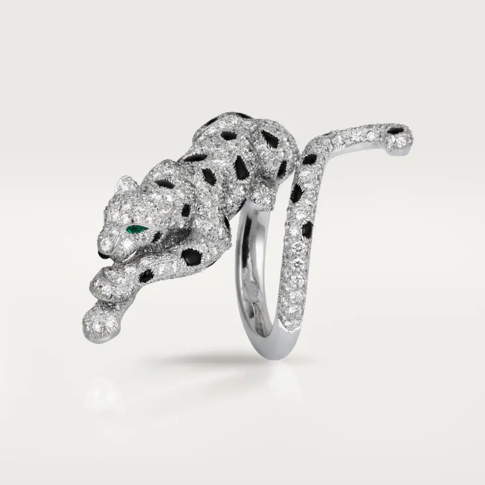 Cartier Panthère de Cartier Ring Paved 2.33 Ct Emeralds Onyx Diamonds 18K White Gold