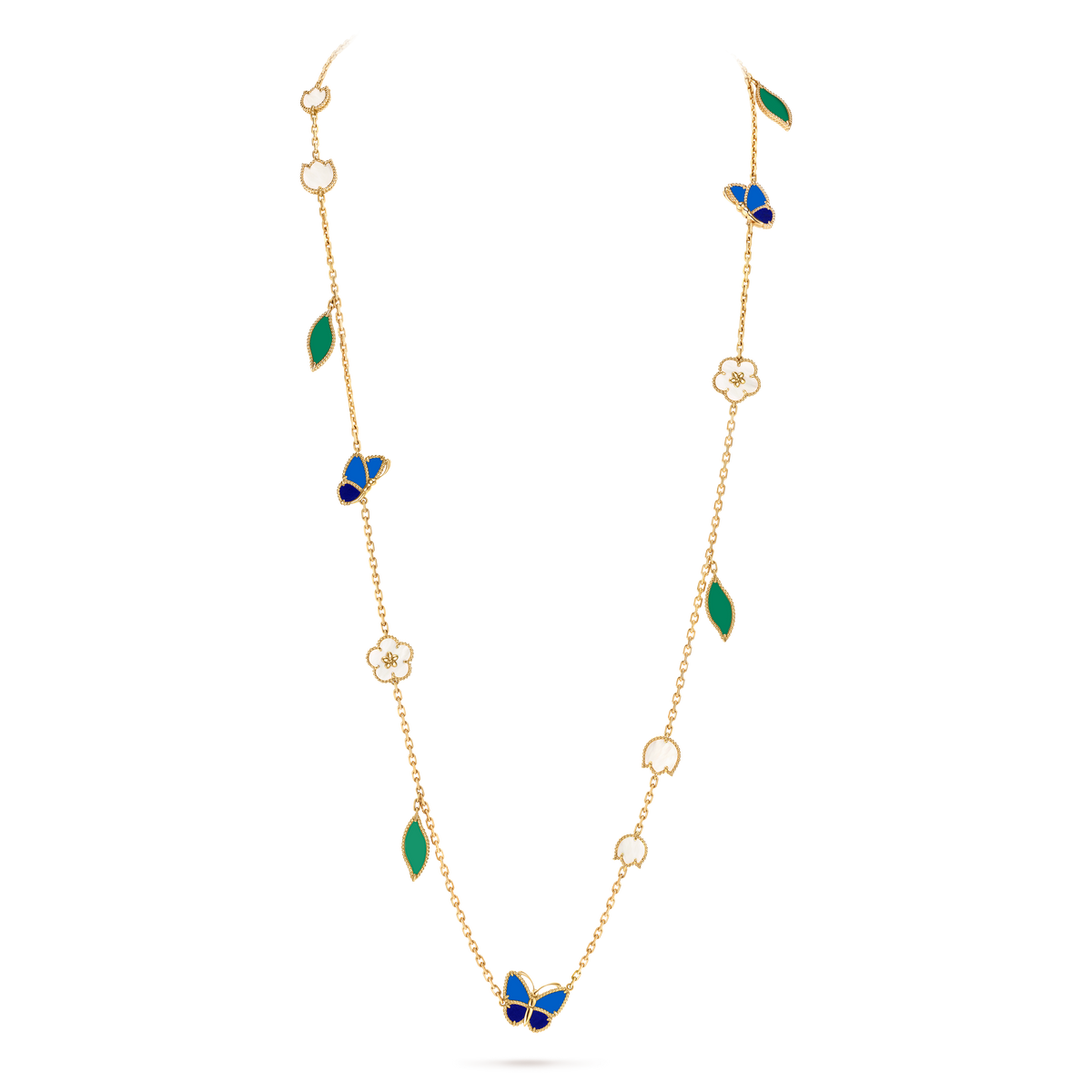 Van Cleef & Arpels Lucky Spring Butterfly 15 motifs Agate Lapis Lazuli Mother-Of-Pearl Long Necklace 18K Yellow Gold