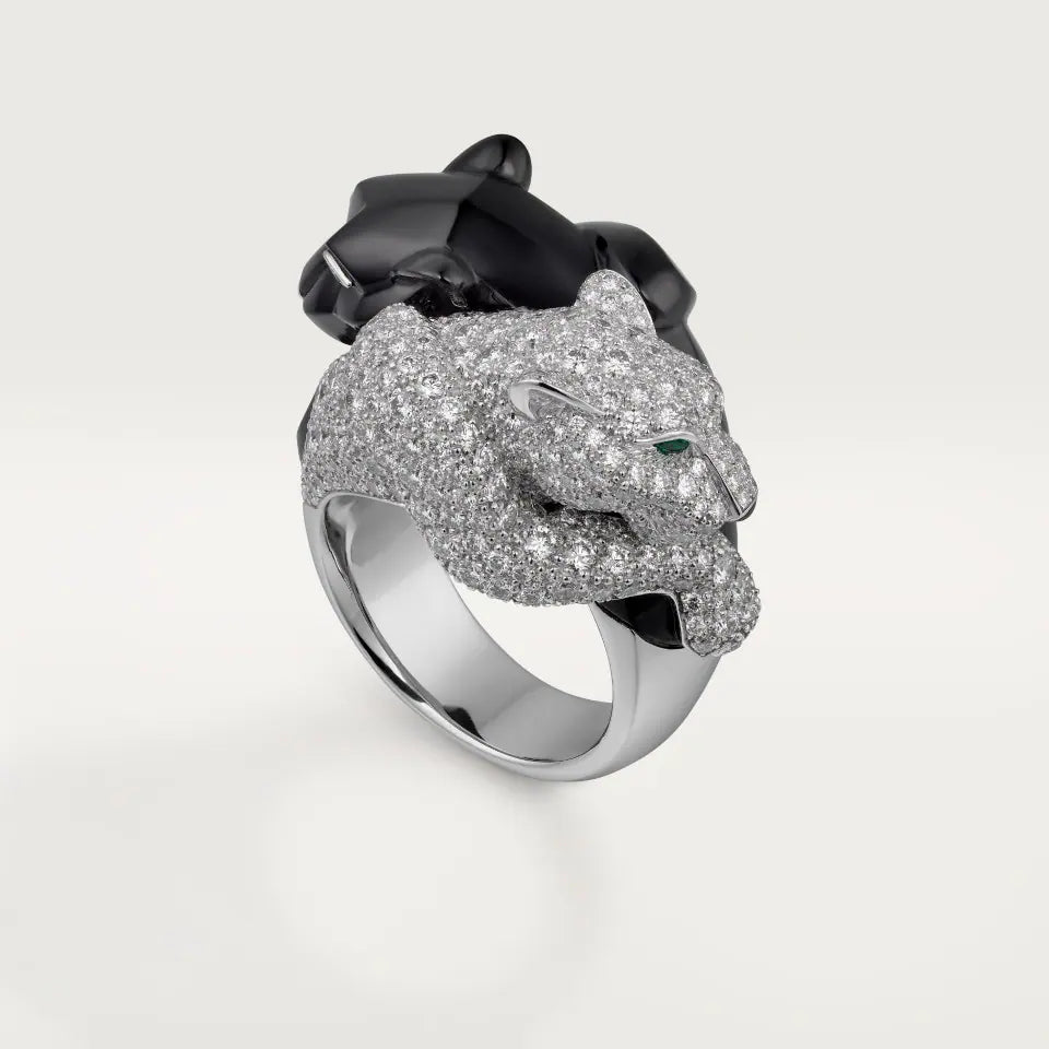 Cartier Panthère de Cartier Ring Onyx Paved 2.40 Ct Emeralds Diamonds 18K White Gold