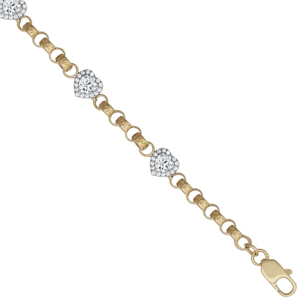 JBB399-7.5 | 9ct Yellow Gold CZ Heart Cluster Belcher Bracelet