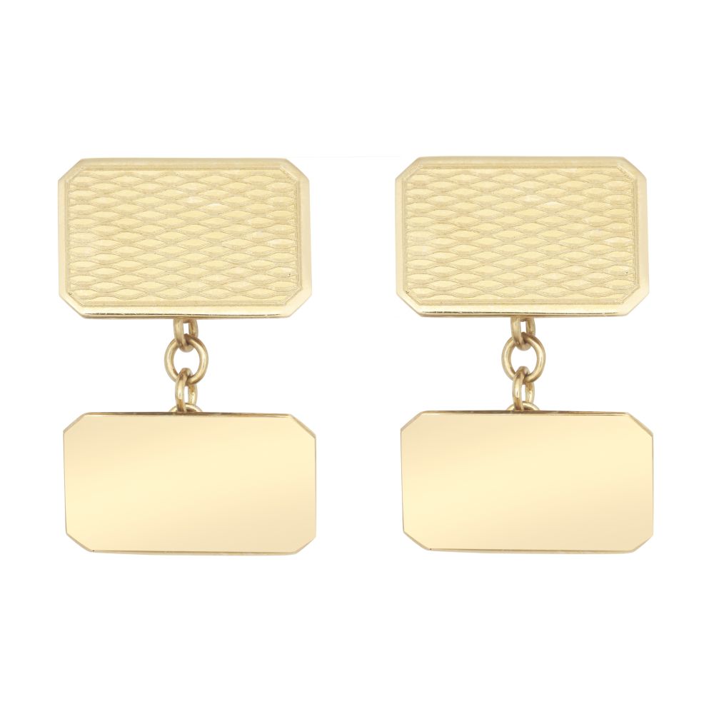 9ct Yellow GoldCut Corners Art Deco Engine Turned Cufflinks Chain Back