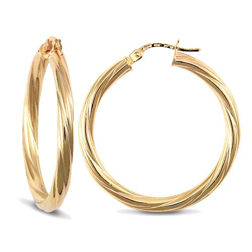 9ct Yellow Gold Twist Hoop Earrings - 3mm Tube