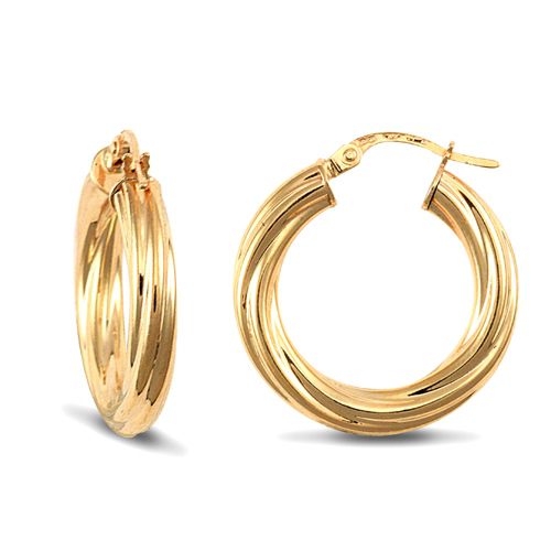 9ct Yellow Gold Twist Hoop Earrings - 4mm Tube