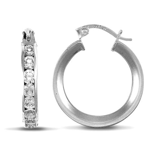 JER718A | 9ct White Gold Channel Set Cubic Zirconia Hoop Earrings