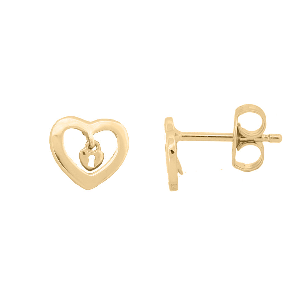 9ct Yellow Gold Padlock Heart Stud Earrings