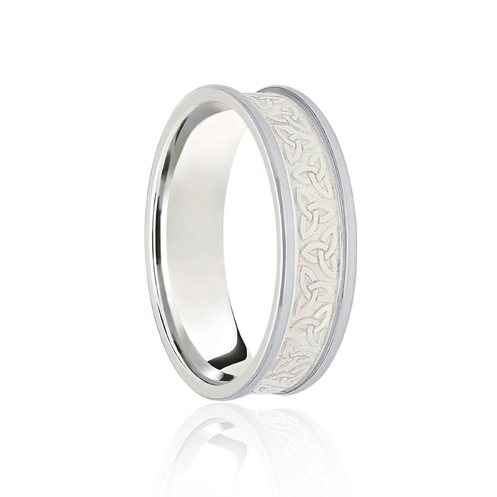 JWR140-18-6 | 18ct White Flat Court 6mm Celtic Laser Engraved Wedding Band