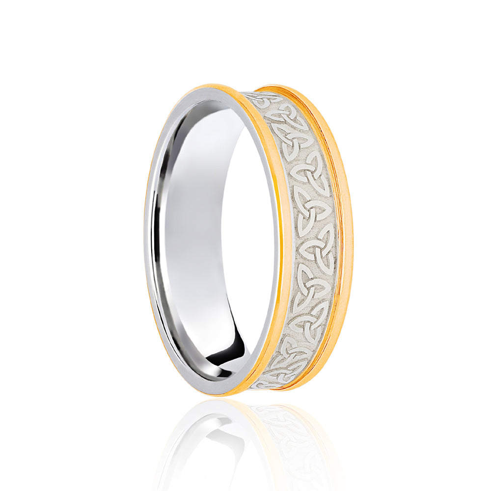 JWR142-9-5 | 9ct White & Yellow Flat Court 5mm Celtic Laser Engraved Wedding Band