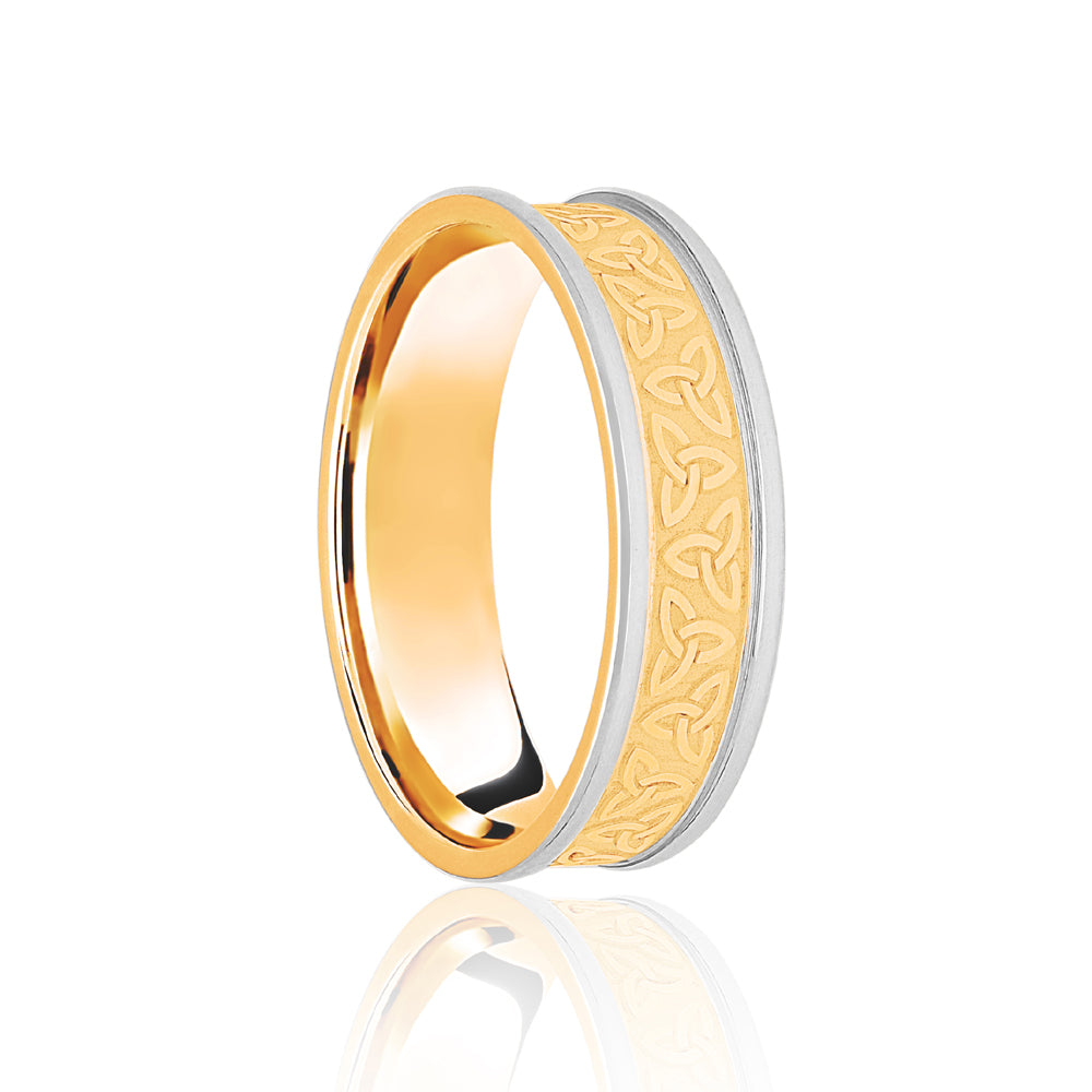 JWR143-18-8 | 18ct Yellow & White Flat Court 8mm Celtic Laser Engraved Wedding Band