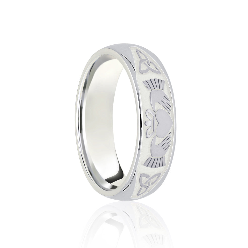 JWR150-9-8 | 9ct White Court 8mm Celtic Half Engraved Wedding Band