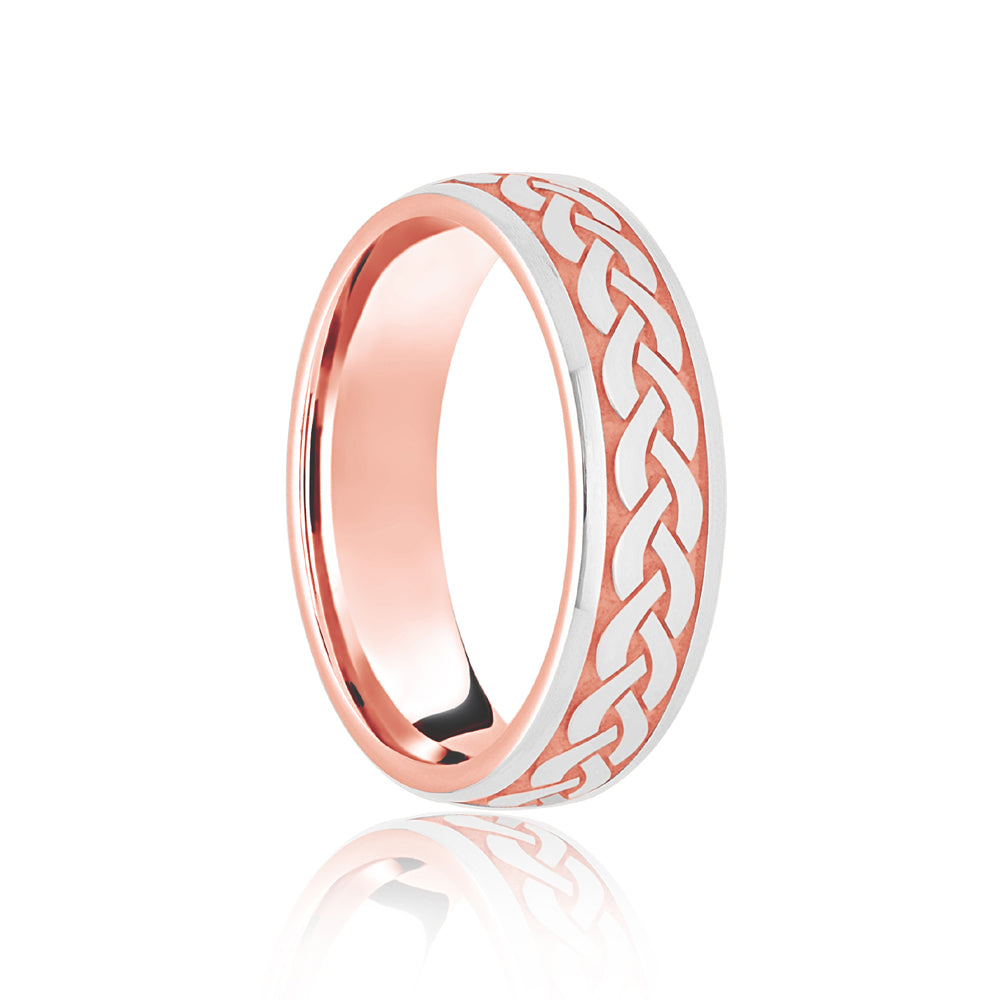 JWR154-18-5 | 18ct Rose & White Court 5mm Celtic Laser Engraved Wedding Band