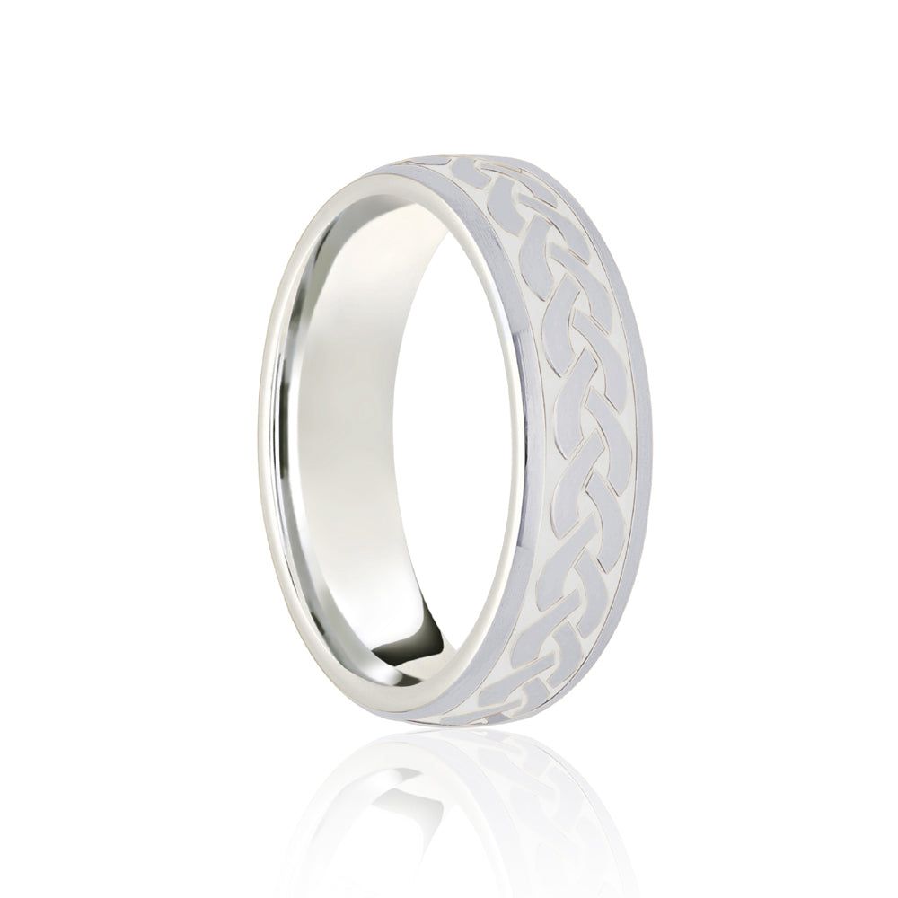 JWR155-9-5 | 9ct White Court 5mm Celtic Laser Engraved Wedding Band