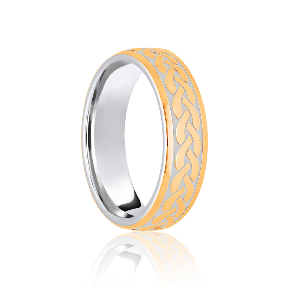 JWR157-18-6 | 18ct White & Yellow Court 6mm Celtic Laser Engraved Wedding Band